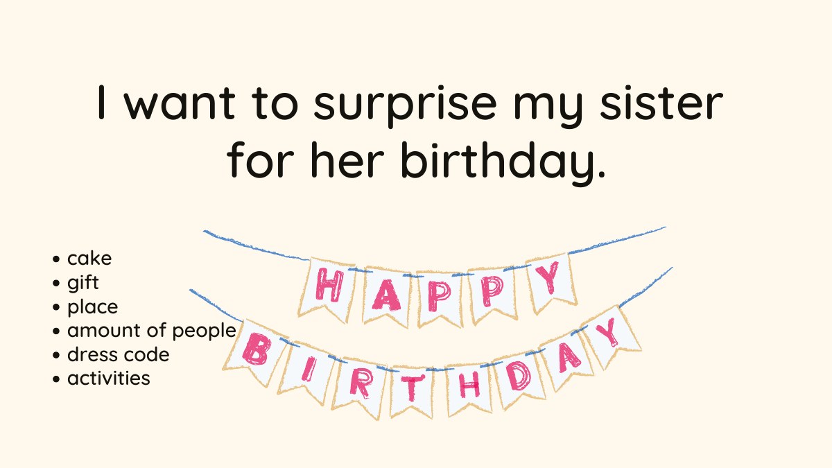 สไลด์ตัวอย่างหัวข้อ Birthday surprise ฝึกพูดและคำศัพท์